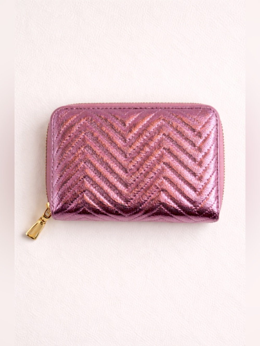 NWT IMO Vegan Pink Metallic Chevron Zip Around Wallet Quilted Wristlet